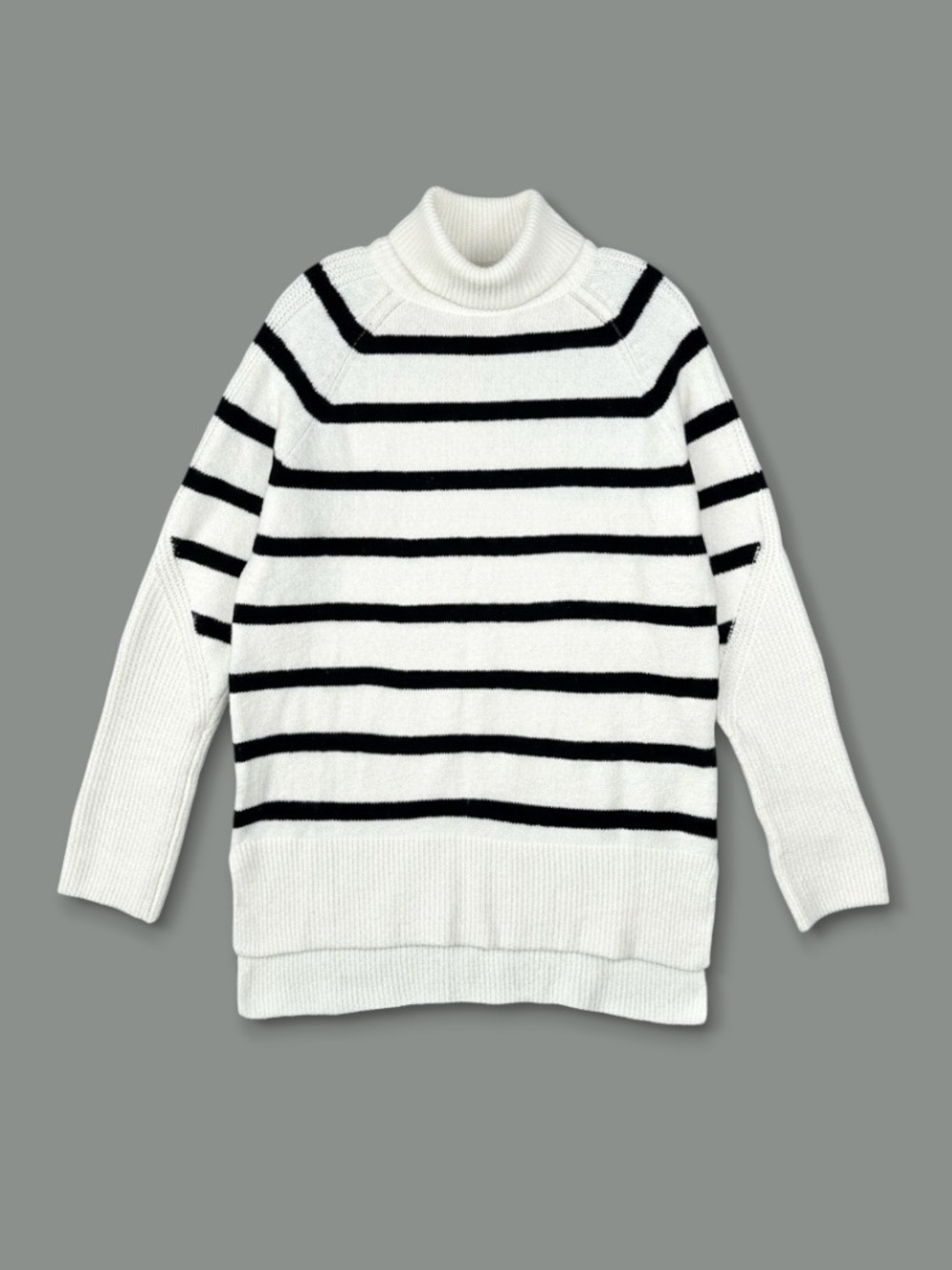 A New Day Striped Turtleneck Sweater Off White Black XS Split Hem Cozy Soft Chic